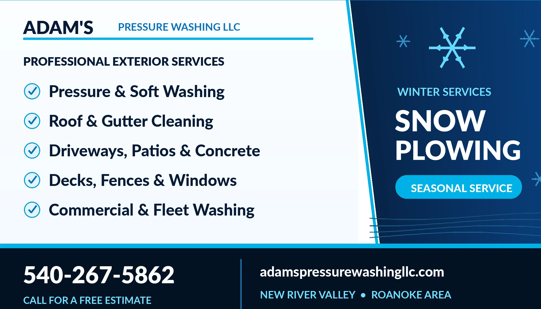 Adam's Pressure Washing LLC business card back listing exterior cleaning services, a winter snow plowing panel, phone number and website