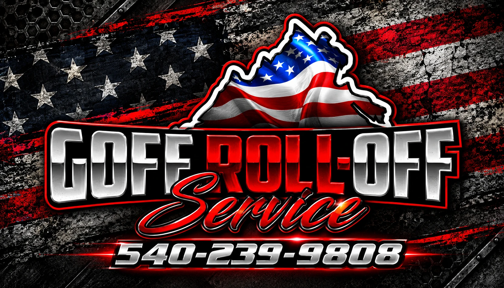 Goff Roll-Off Service logo with chrome and red lettering over a Virginia-shaped American flag on a distressed patriotic background