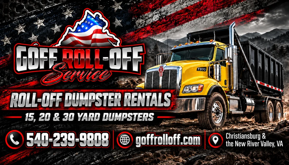 Goff Roll-Off Service dumpster rental business card design with a yellow Kenworth roll-off truck, black dumpster, phone number and website