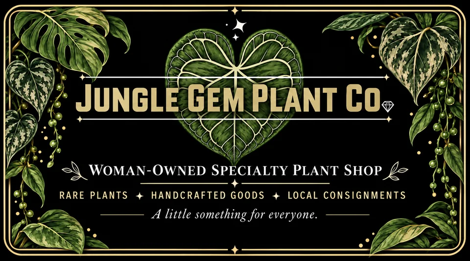 Jungle Gem Plant Co. business card front with gold lettering over a heart-shaped anthurium leaf, framed by monstera, pothos and trailing vines, reading Woman-Owned Specialty Plant Shop