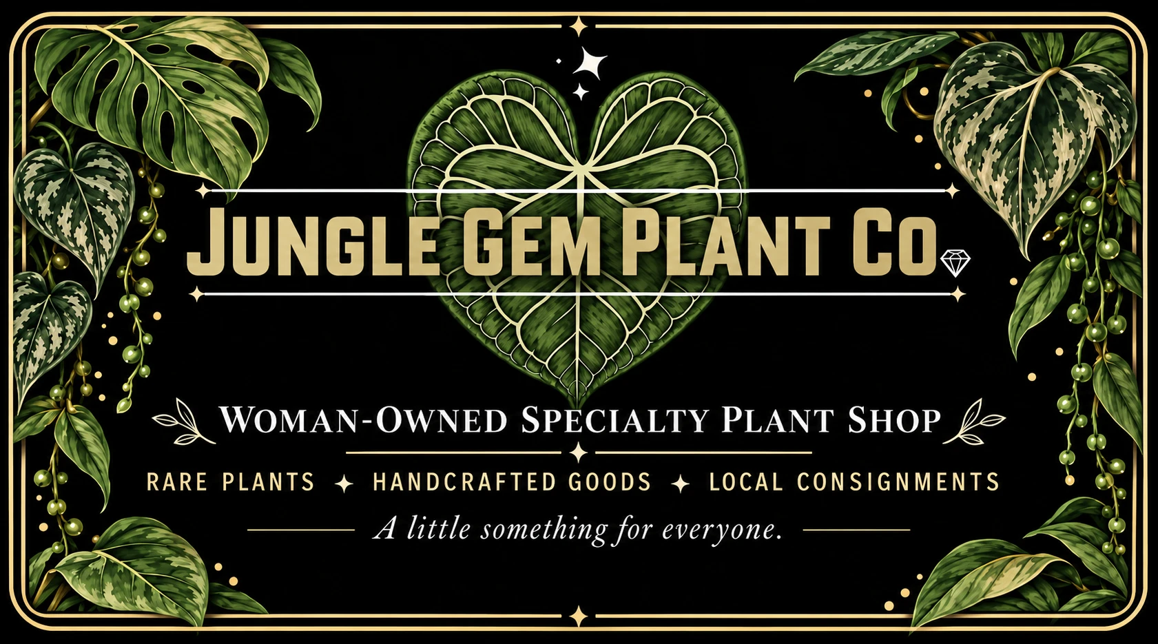 Jungle Gem Plant Co. business card front with gold lettering over a heart-shaped anthurium leaf, framed by monstera, pothos and trailing vines, reading Woman-Owned Specialty Plant Shop