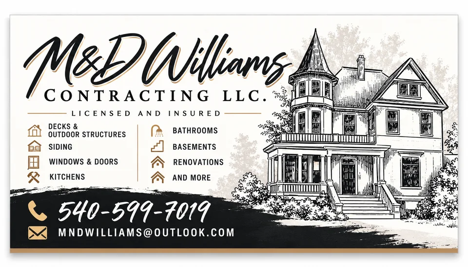 M&D Williams Contracting LLC business card with script lettering, a pen-and-ink Victorian house illustration, gold service icons, phone number and email address