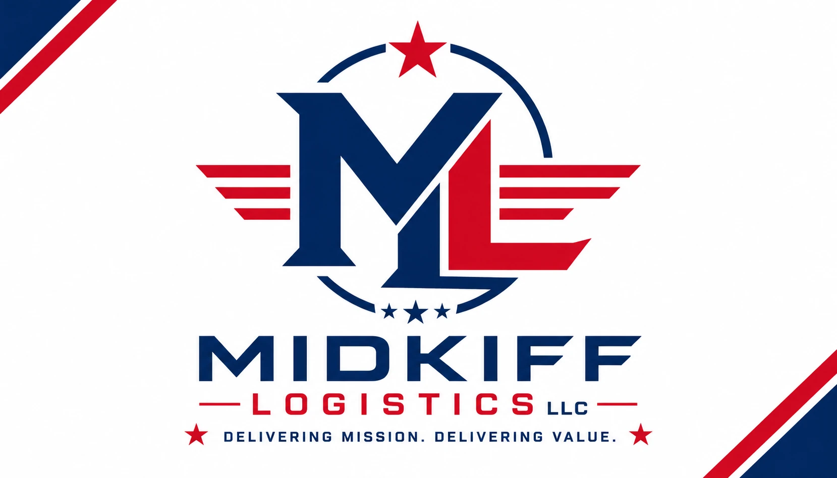 Midkiff Logistics LLC patriotic ML crest logo in navy and red with stars and the tagline Delivering Mission. Delivering Value.