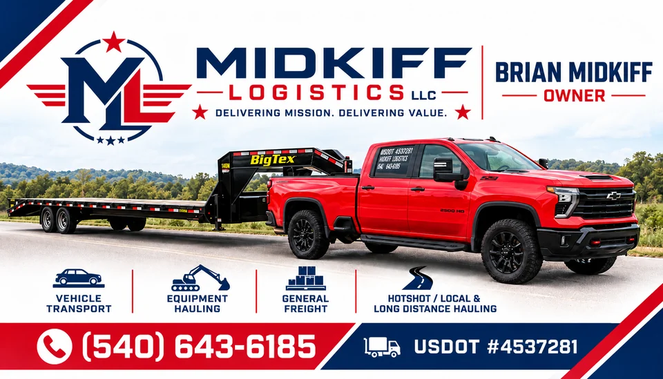 Midkiff Logistics LLC business card design with a red Chevrolet pickup towing a black Big Tex gooseneck trailer, service icons, phone number and USDOT number