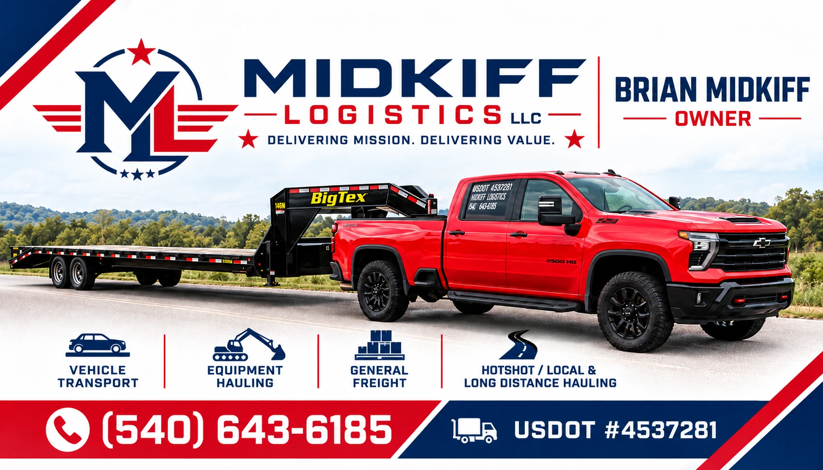 Midkiff Logistics LLC business card with a red Chevrolet pickup towing a black Big Tex gooseneck flatbed trailer, service icons, phone number and USDOT number