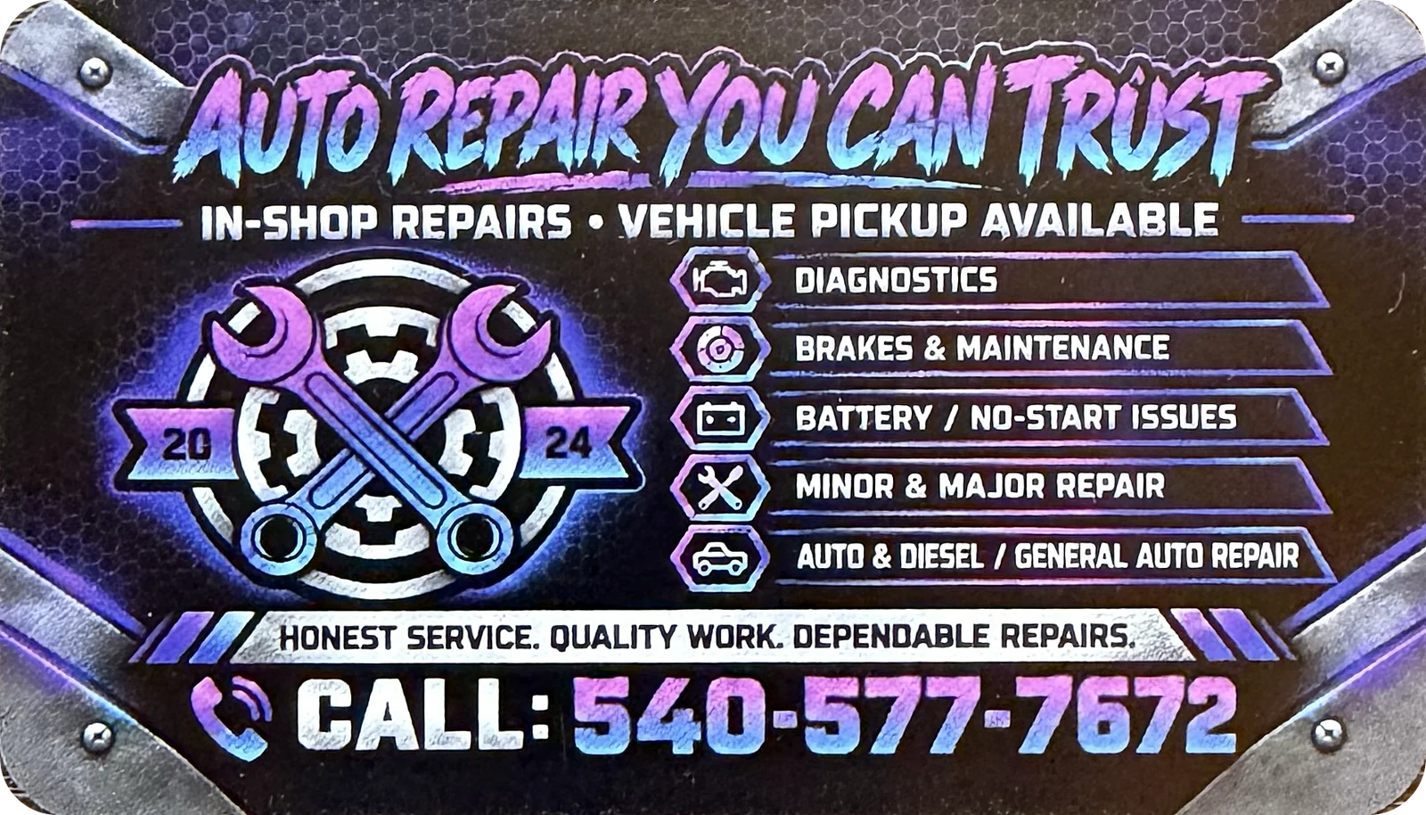 Printed UN4GETTABLE Mechanic LLC business card back reading Auto Repair You Can Trust, listing diagnostics, brakes and maintenance, battery and no-start issues, minor and major repair, and auto and diesel repair, with Call 540-577-7672