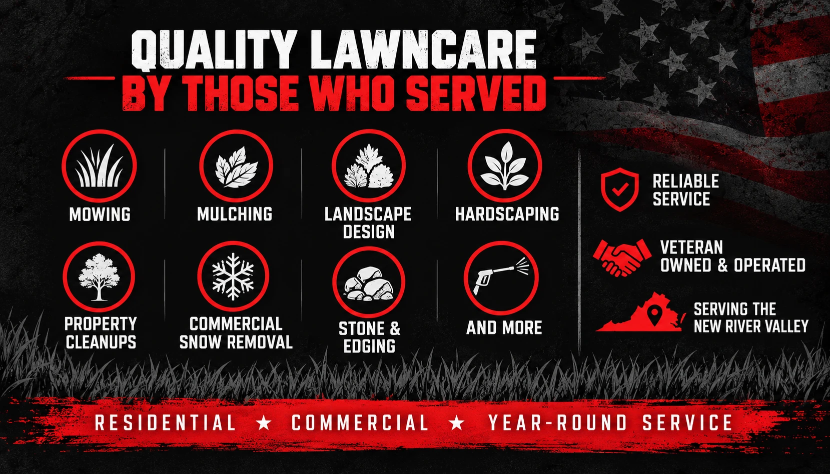 Veteran Lawncare & Landscaping LLC card back reading Quality Lawncare By Those Who Served, with red service icons and Serving the New River Valley
