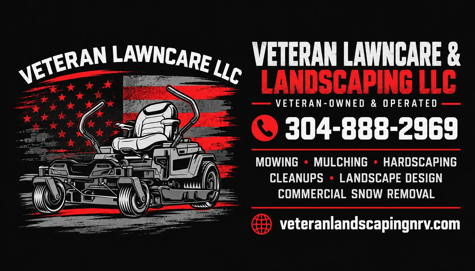 Veteran Lawncare & Landscaping LLC business card design with a zero-turn mower over a distressed red and gray American flag, phone number, services and website